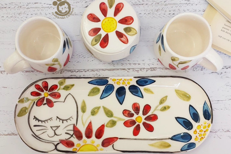 ست چای خوری سرامیکی دو نفره دست ساز طرح گربه گل گلی